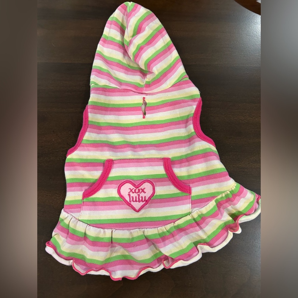 athletic Pink and Green Striped dog dress with hood.